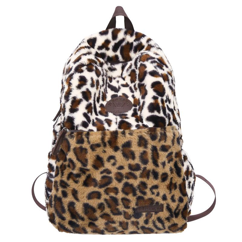 Baigou Luggage Large-capacity Plush Backpack Women's 2025 New Leopard Print Versatile Student Schoolbag Simple Handbag