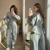 Women Two Piece Set Elegant Puff Sleeve Blouse High Waist Wide Leg Pants Casual Office Suit