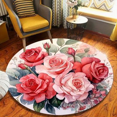 Romantischer Rosenmuster Runder Teppich Retro Eleganz Ferienhaus Dekoration Bereichsteppich Weich Rutschfest Boden Dekormatte für Wohnzimmer