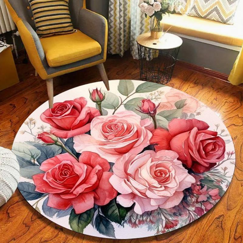 Romantic Rose Pattern Round Carpet Retro Elegance Holiday Home Decor Area Rug Soft Non-slip Floor Decor Mat for Living Room
