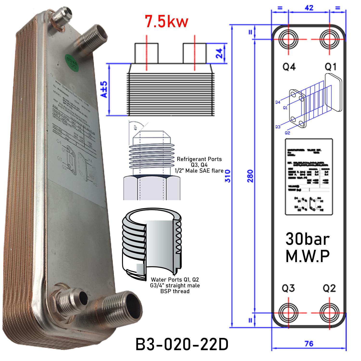 7.5KW (R410a to Water) Copper Brazed Stainless Steel PHE as evaporator in geo-thermo heat pumps or condenser in water chillers B3-020-22D-3.0-304