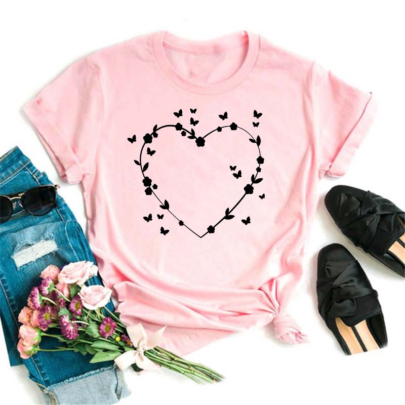 Watercolor Butterfly Heart Printed T Shirt New Women Black T Shirt Harajuku Cute Graphic Tee Shirt Ladies Casual Female Tops Tee