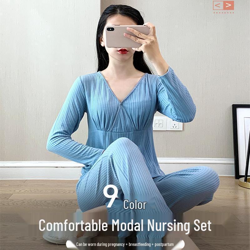 Summer Thin Modal Nursing Pajamas: Long Sleeve Set for Pregnant & Postpartum Women