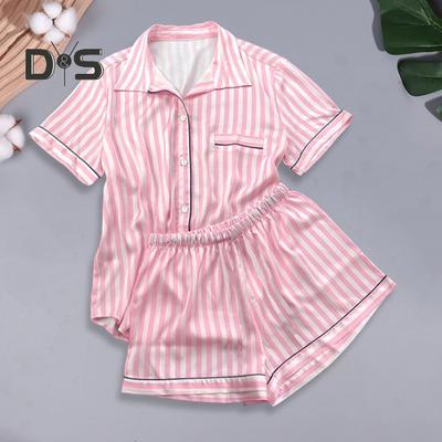 2 Pcs/Set Women Shirt Shorts Suit Lapel Short Sleeves Satin Striped Contrast Color Top Elastic Waist Short Trousers Homewear Loungewear Outfit Summer