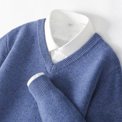 Men's 100% Wool V-Neck Sweater - Solid Color, Loose Fit, Long Sleeve Knitwear