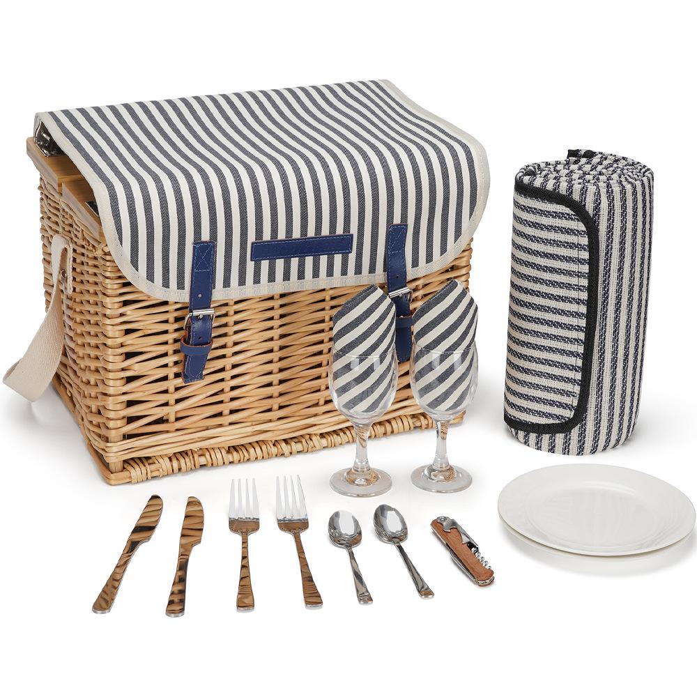 Wicker Picnic Basket with Bamboo Wine Table & Complete Tableware Set for Beach, Park, Camping, Indoor & Outdoor Use 38x28x26cm