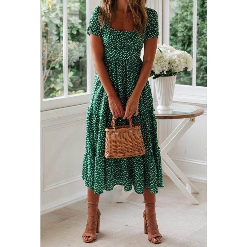 Women's French Vintage Floral Print Midi Dress Square Neck Puff Short Sleeve High Waist Chiffon Tiered Summer Casual Holiday Party Ladies Dress