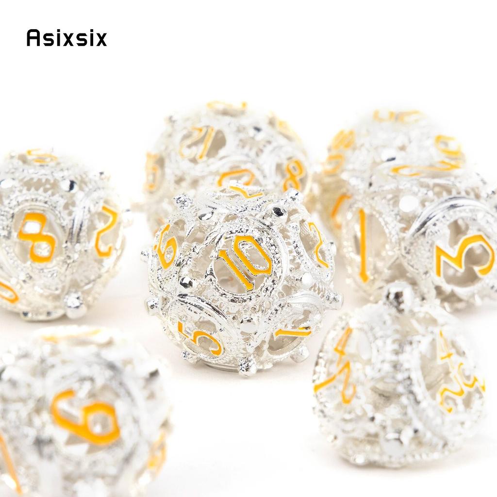 7 Pcs White Yellow Circular Dragon Metal Dice Hollow Metal Polyhedral Dice Set Suitable for Role-Playing RPG Game Card Game