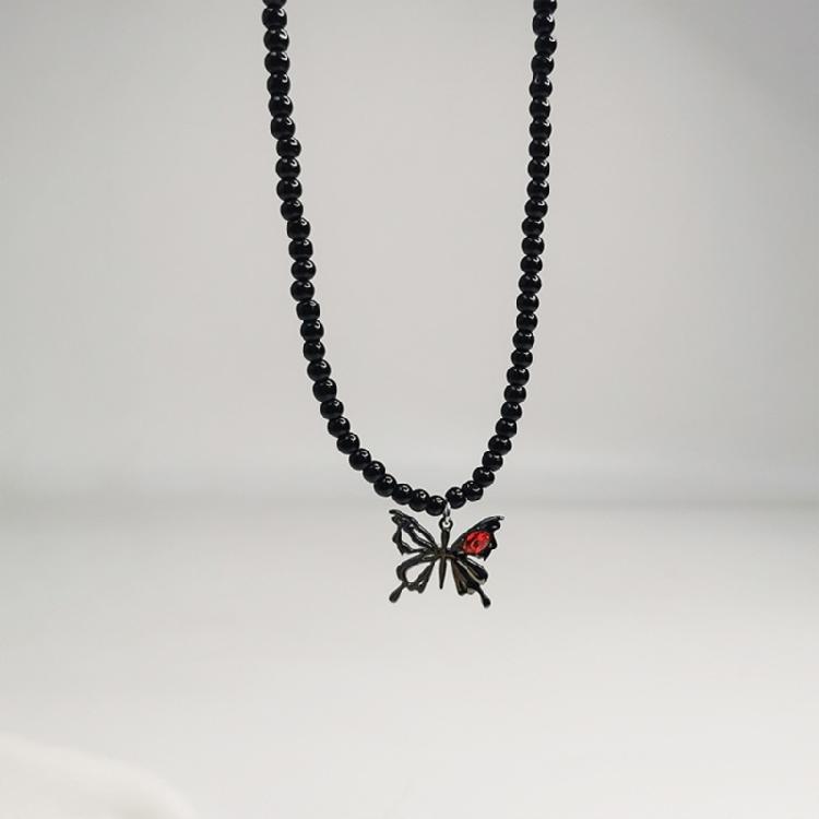 Fashionable Necklace Adornment With Black Crystal Beads Highlighting Heart And Butterfly Symbols For Modern Women