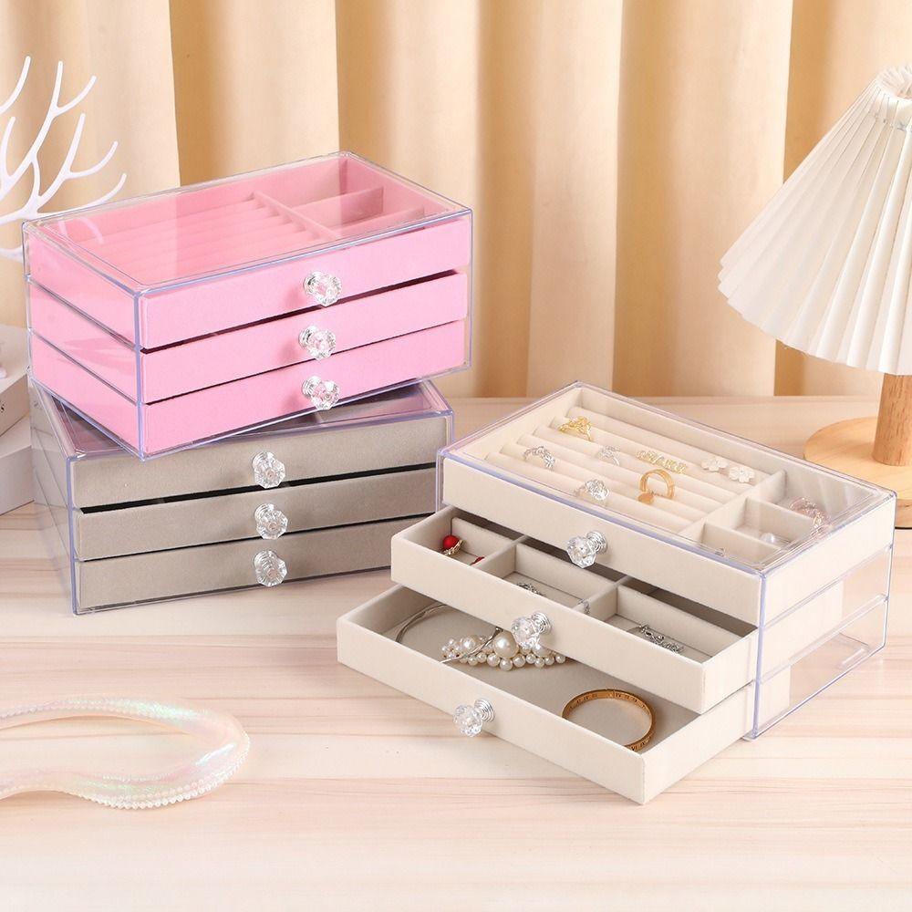 3-stufige Schmuckaufbewahrungsbox Transparente Flanell-Schmuckbox Schmuckbox mit drei Schubladen Zuhause