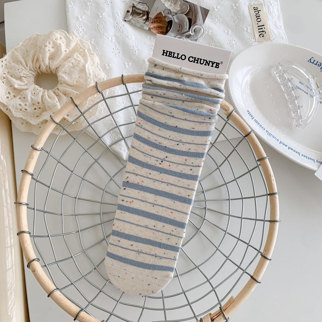 Korean Style Idea Yarn Striped Boneless Socks Mid-Leg Socks Spring And Autumn Cotton Rolled Hemmed Stacked Socks