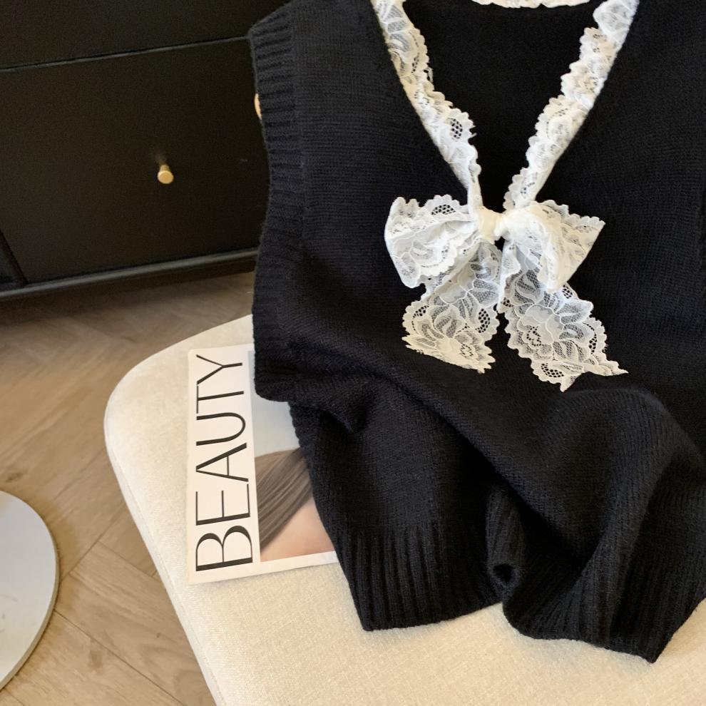 Women's Korean Style Slimming French Lace Bow Knit Pullover Vest - Spring 2026 Top