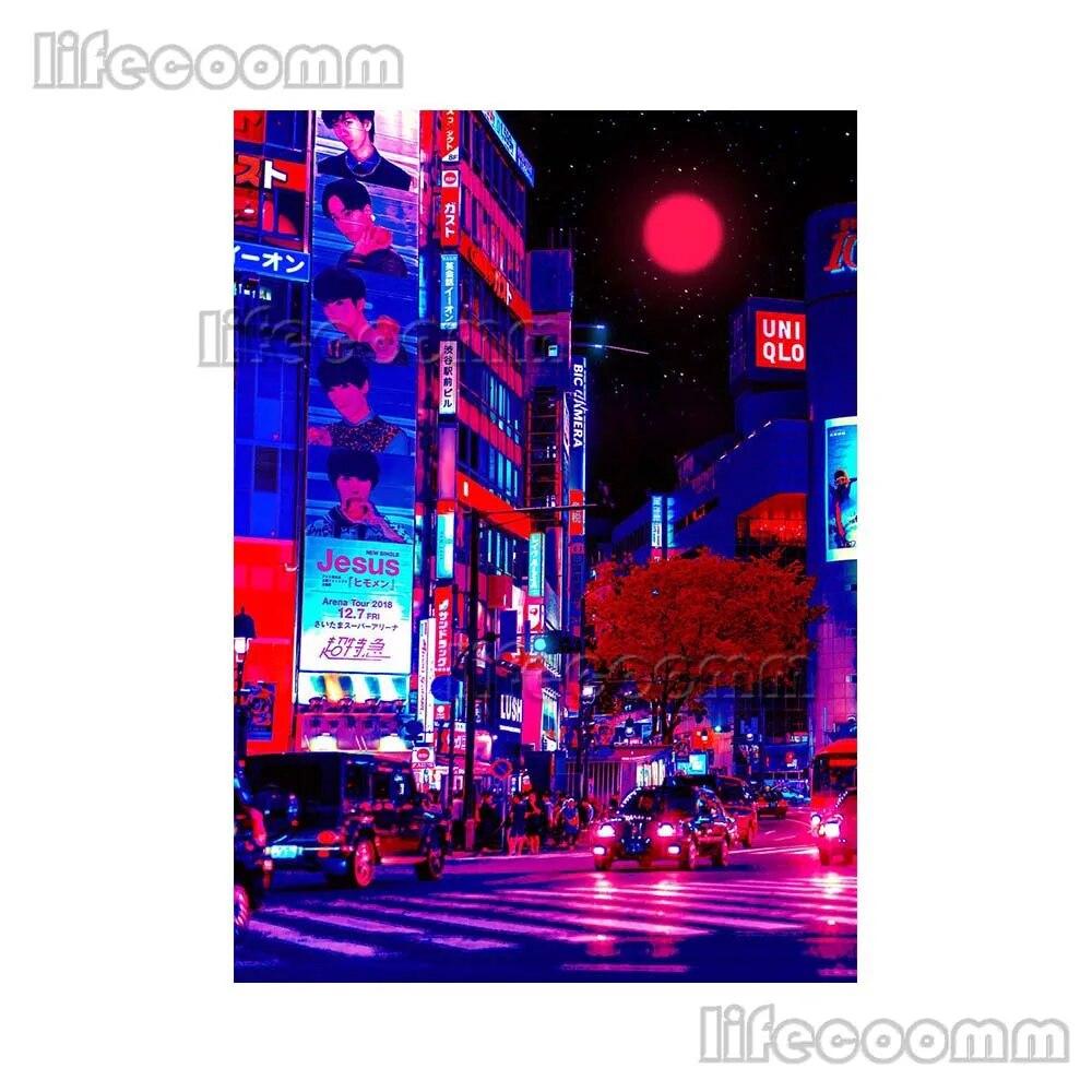 Anime City Neon Night 80s Vaporwave Japan City Street Poster Wall Art Canvas Painting Wall Pictures For Living Room Home Decor No Frame
