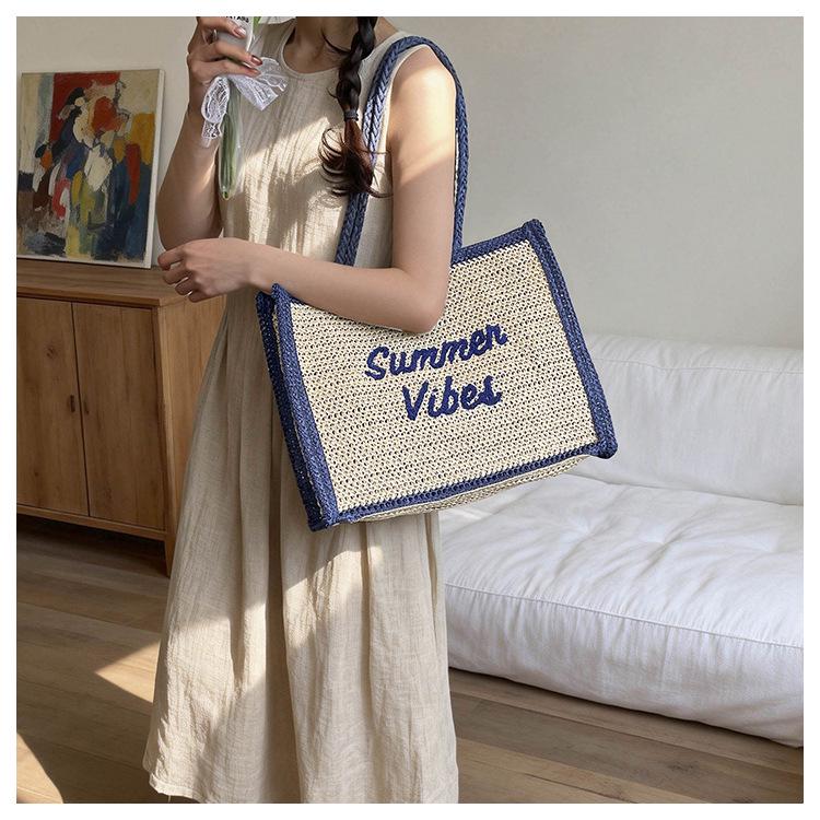 Women's Large Capacity South Wind Chic Straw Woven Tote Bag with Embroidered Letters