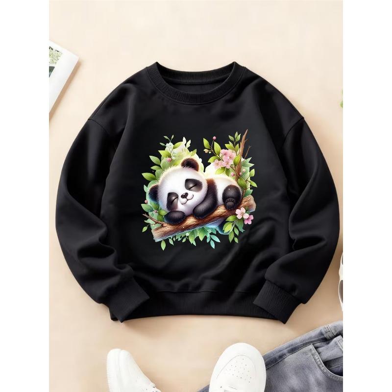 Kids Crewneck Sweatshirt, Healing Fun Forest Panda Hugging Branch Print Long Sleeve Top for Autumn Winter