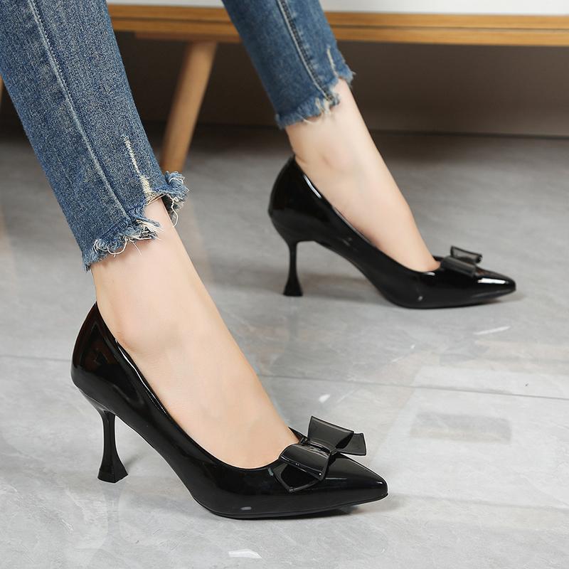 Sexy Bow Square Toe Pumps French Patent Leather Shallow Strange Style Heels Stiletto 2025 Spring New Ladies Wedding Shoes
