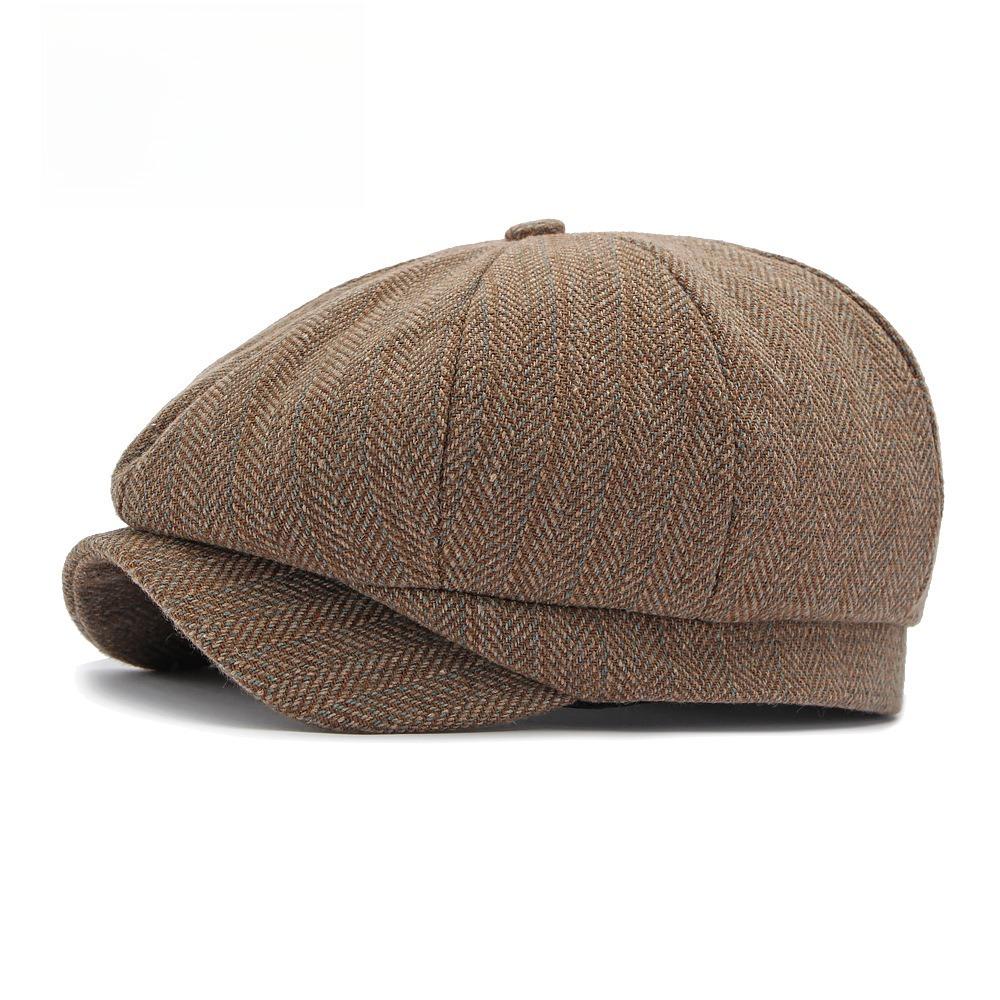 British Style Unisex Herringbone Wool Newsboy Cap, Autumn Winter Eight-Panel Baker Boy Hat, Vintage Casual Painter Beret for Men and Women