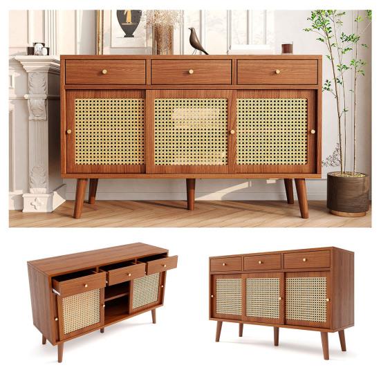 Sideboard, Chest Of Drawers with 3 Drawers and 3 Sliding Doors, Rattan Mesh On The Door Fronts, Legs Made of Solid Wood, Golden Metal Iron Handle,