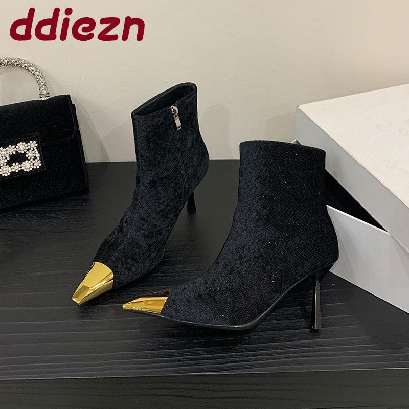 Mode Mode Spitz Metall Damen Knöchel Modern Stiefel Mit Absätzen Schuhe Damen Kurze Stiefel Weiblich Reißverschlüsse Schuhe Pumps