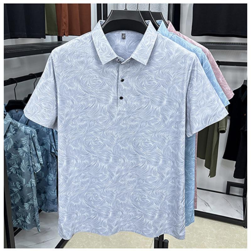 Mens Abstract Wave Feather Print Short Sleeve Shirt Turn Down Collar Soft Drape Casual Business Button Up Top M серый