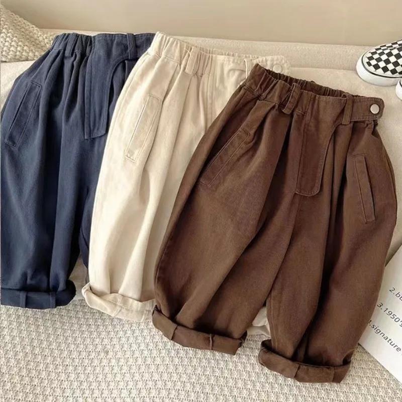 Autumn Boys Casual Pants Girls Solid Color Loose Radish Pants Kids Cotton High Waist All-match Trousers for Girls Outfits