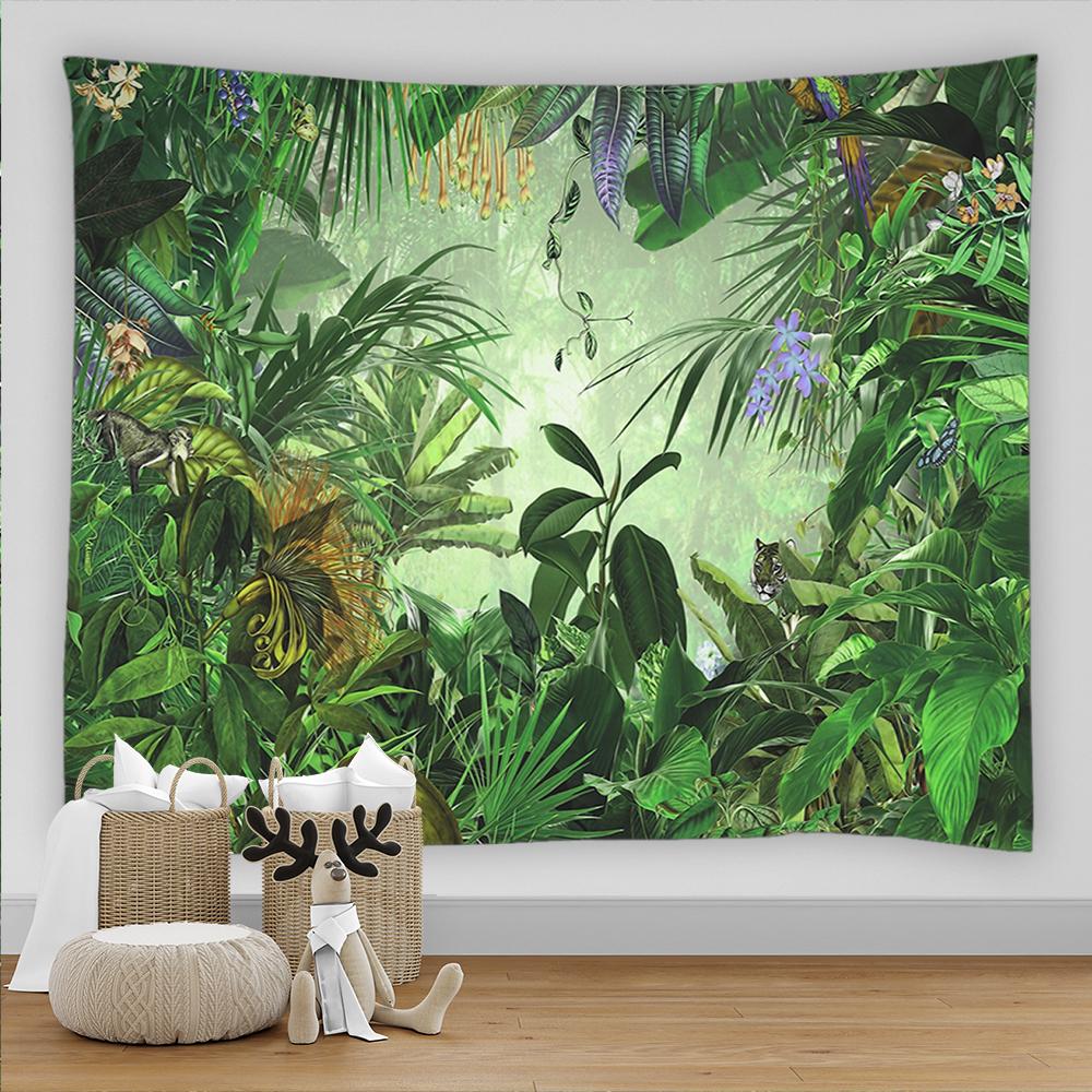 Tapiserie cu animale din pădurea tropicală tropicală, peisaj naturii, artă hippie boemă, tapiserie, saltea, masă, decorarea casei