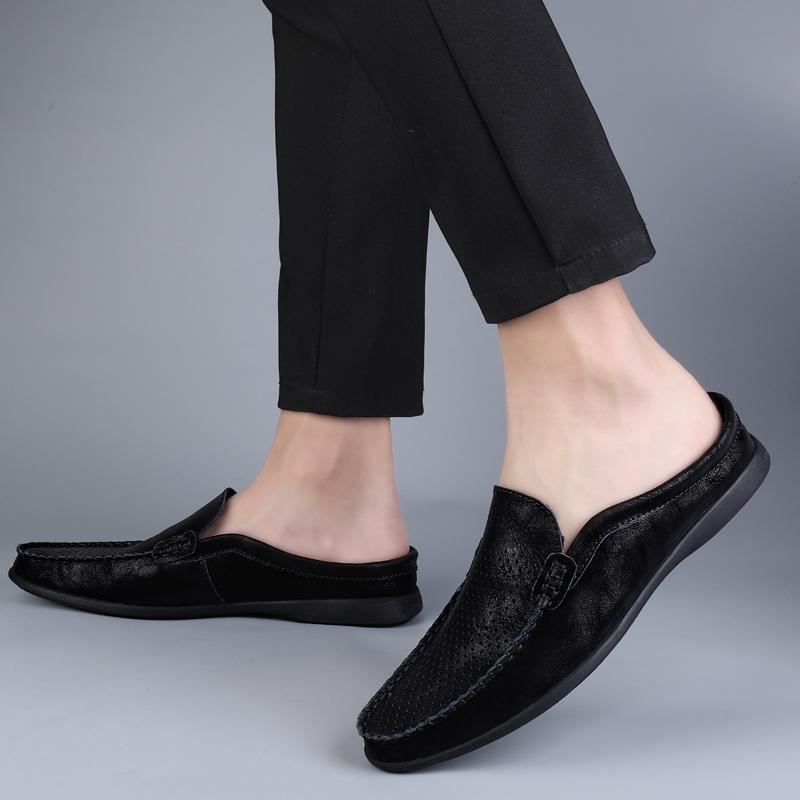 Fashion Summer Breathable Shoes Men Fashion Genuine Leather Half Shoes Slip on Moccasins Casual Italian Style Luxury Brand Half Loafers
