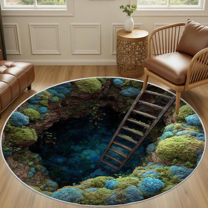 3D Optical Illusions Cave Landscape Rug Forest Mossy Wooden Ladder Print Circular Carpet Fantasy Nature Home Decor Non-Slip Ma