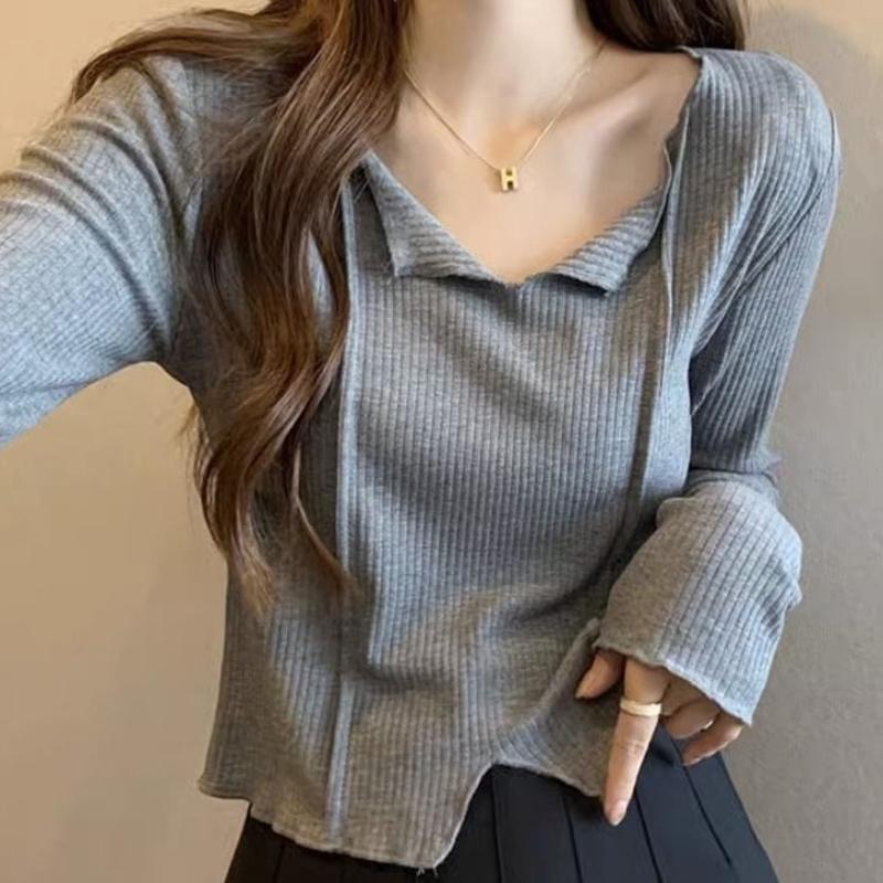 

Подкладка с V-образным вырезом и футболка с длинными рукавами для женского уникального однотонного короткого топа XL серый