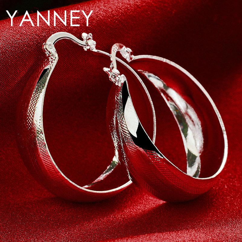 S925 Sterling Silver Glossy Geometric Round Hoop Earrings for Women Wedding Fashion Jewelry Accessories Girlfriend Gifts