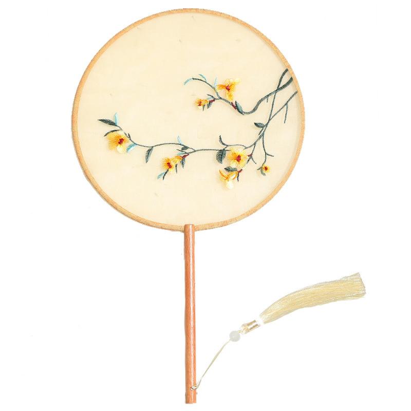 China Fan  Semi-Transparent Long Handle Tassel Dance Fan Female Costume Hanfu Cheongsam Embroidery Small Round Fan