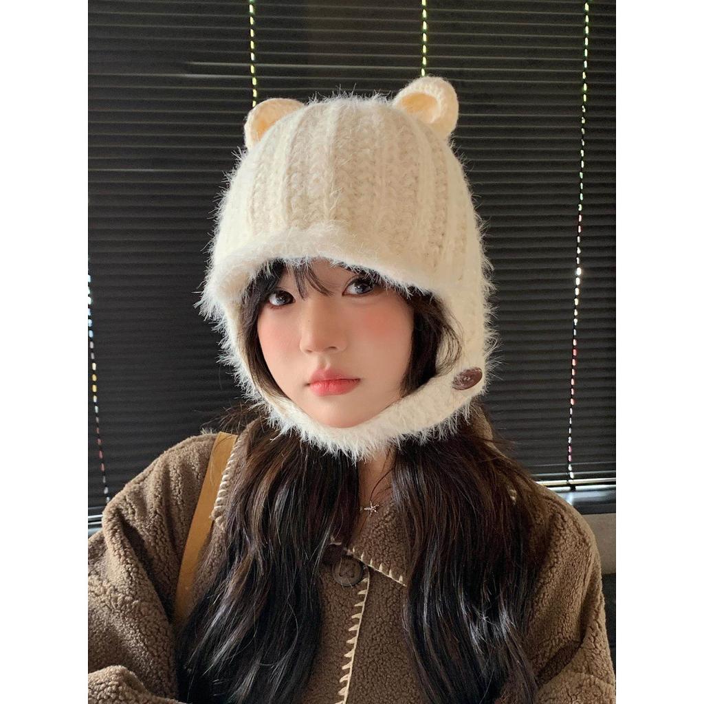 Sweet and cute bear ears knitted plush hat for women's autumn and winter new ear protection, cold protection and warmth Lei Feng hat