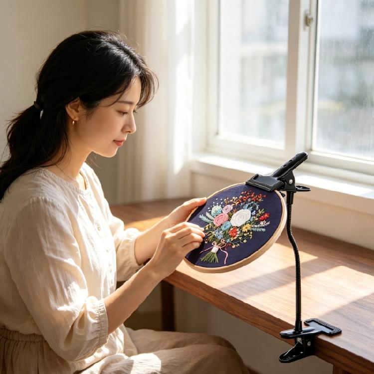 Metal Stitching Support Stand with Flexible Gooseneck and Table Clamp Embroidery Hoop Holder for Needlepoint Projects