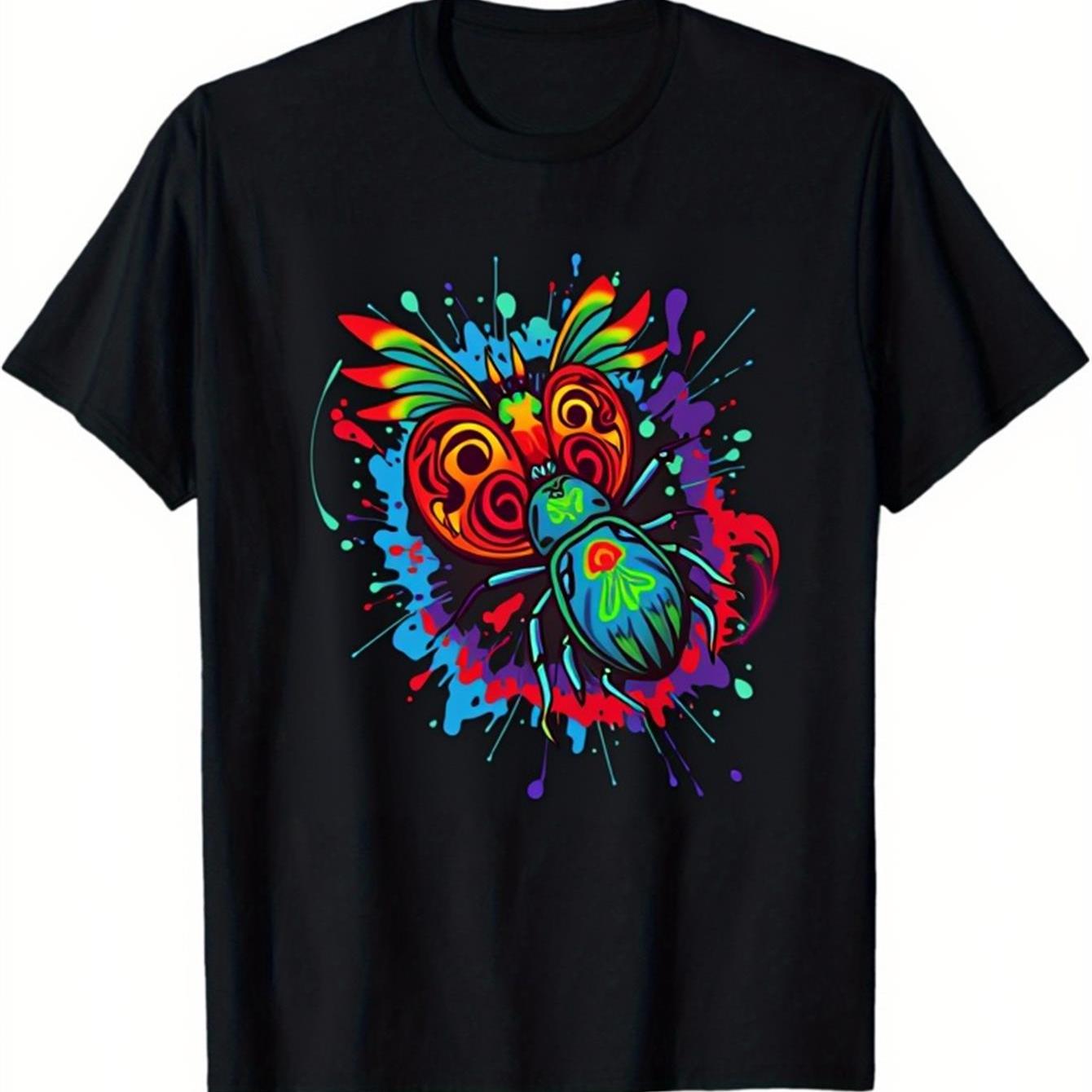 

Psychedelic Beetle Print Graphic Tee Men Short Sleeve Round Neck Casual Cotton T-Shirt Trip Wear 4XL