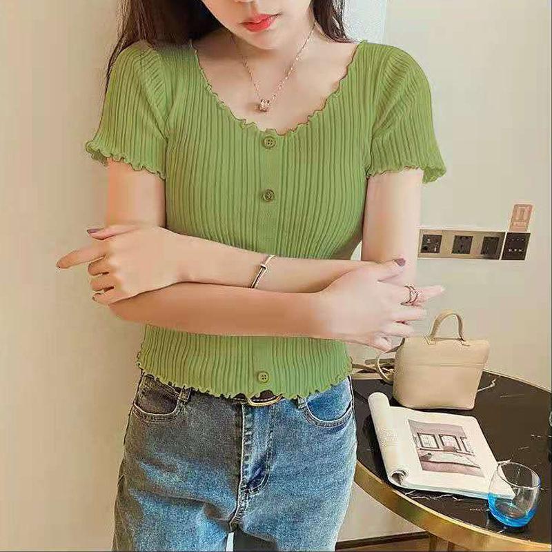 Summer Women Fashion Slim Short Sleeve T-shirt Knitted Elastic Short Tops