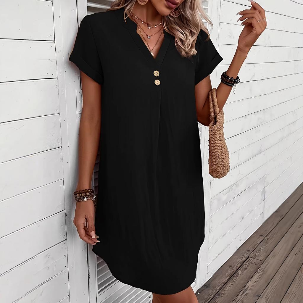 Popular European and American v-neck solid color elegant short-sleeved dress, spring and summer women's clothing