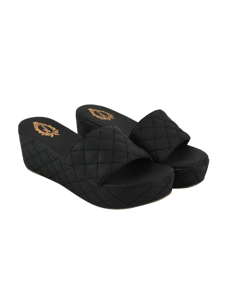 Shoetopia Stylish Quilted Stitching Black Platform Heels For Women & Girls /Uk3