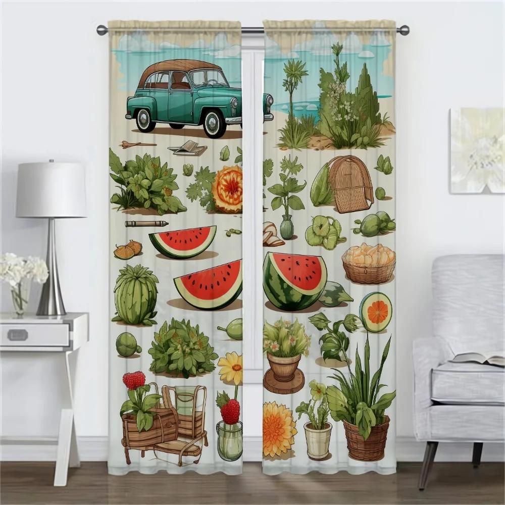 Perdele de bucătărie cu ilustrații de viață de vară pentru camera de zi, decorațiuni de Halloween, perdele interioare pentru casă, 2 piese, perdea de fereastră