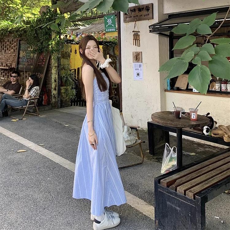 Blue retro light ripe wind sleeveless plaid suspender tube top dress for women's summer showing thin temperament waist skirt long dress