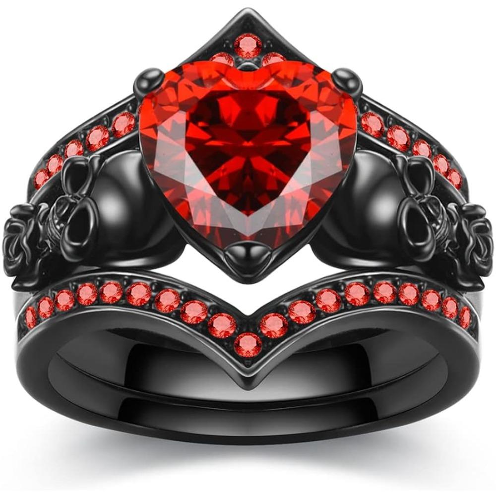 

Gothic Black Rose Flower Skull Engagement Ring Set Red Purple Heart Zircon Crystal Anniversary Mother s Day Holiday Gift Jewelry 7 красный