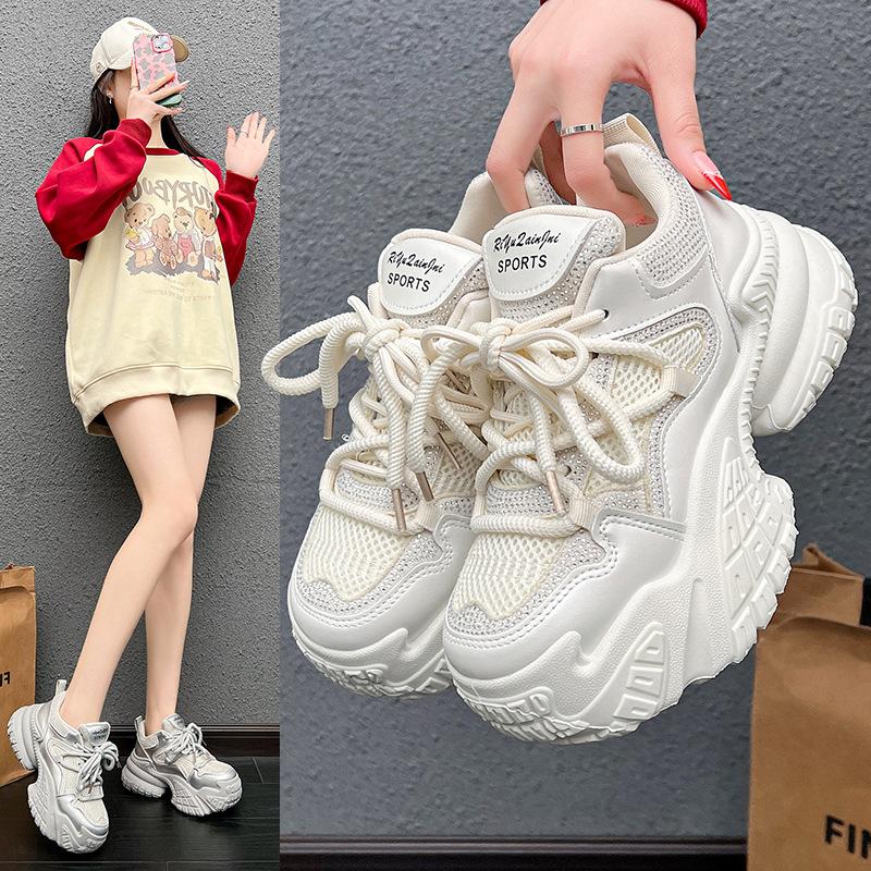 Small Thick-soled Dad Shoes for Women Increase Ins Tide 2025 Spring New Versatile Rhinestone Casual Sports Shoes