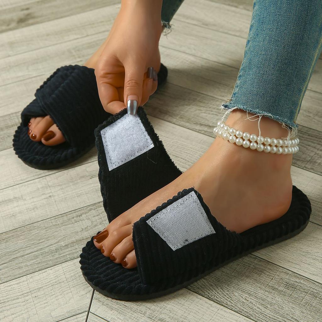 Women's Cozy Striped Corduroy Open Toe House Slippers - Adjustable Velcro Strap, Soft Plush Non-Slip Indoor Slides