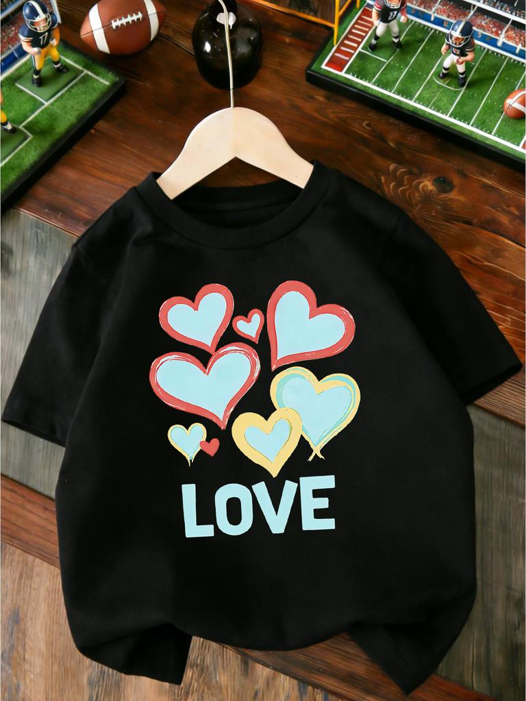 Cute Multi Pastel Hearts With Love Letter Graphic T Shirt Boys Girls Casual Short Sleeve Tee Family Matching Kids Cotton Tops