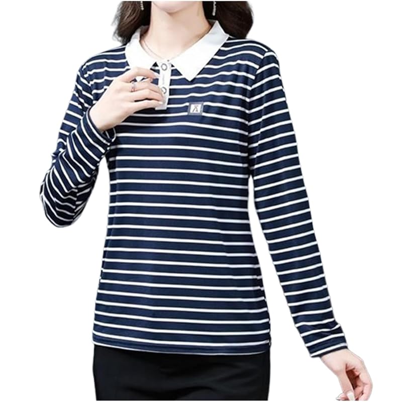 

[M-Thing] polo shirt long sleeve border tops Thin sports casual golf wear breathable ladies spring summer autumn dark blue stripe pattern sports polo