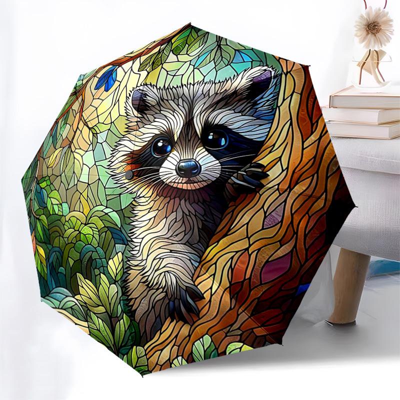 

1pc Stained Glass Raccoon Design Automatic Folding Umbrella - Portable 3-Fold Design with Iron Frame - Outdoor for Fans, Travelers, Daily Use - Perfec