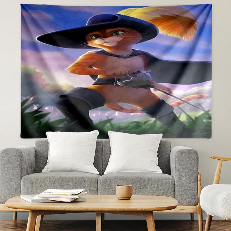 Puss In Boots Print Tapestry, Backdrop, Easy Setup, Ideal for Bedroom, Office & Living Room, with Aesthetic Wall Hanging Decor.