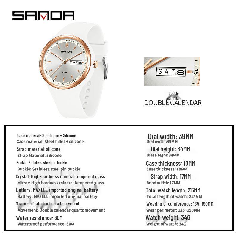 SANDA Student Quartz Wristwatch: Fashionable, Simple, Luminous, Waterproof, Versatile, Double Calendar