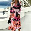 Women's Casual Halloween Print Long Sleeve V-Neck Dress with Pockets