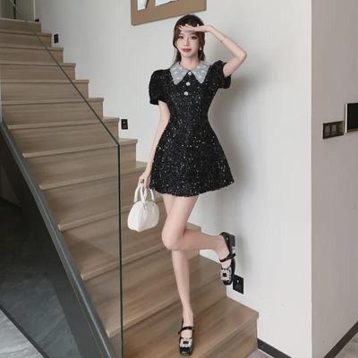 Women's A-Line Dress with Rhinestone Buttons and Bright Silk Lapel
