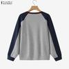 ZANZEA Women Casual Round Neck Patchwork Long Sleeve Pullover Sweatshirts